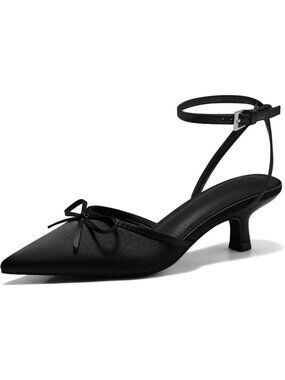 Women's Black Satin Kitten Low Heels with Bow Closed Pointed Toe Dress Shoes